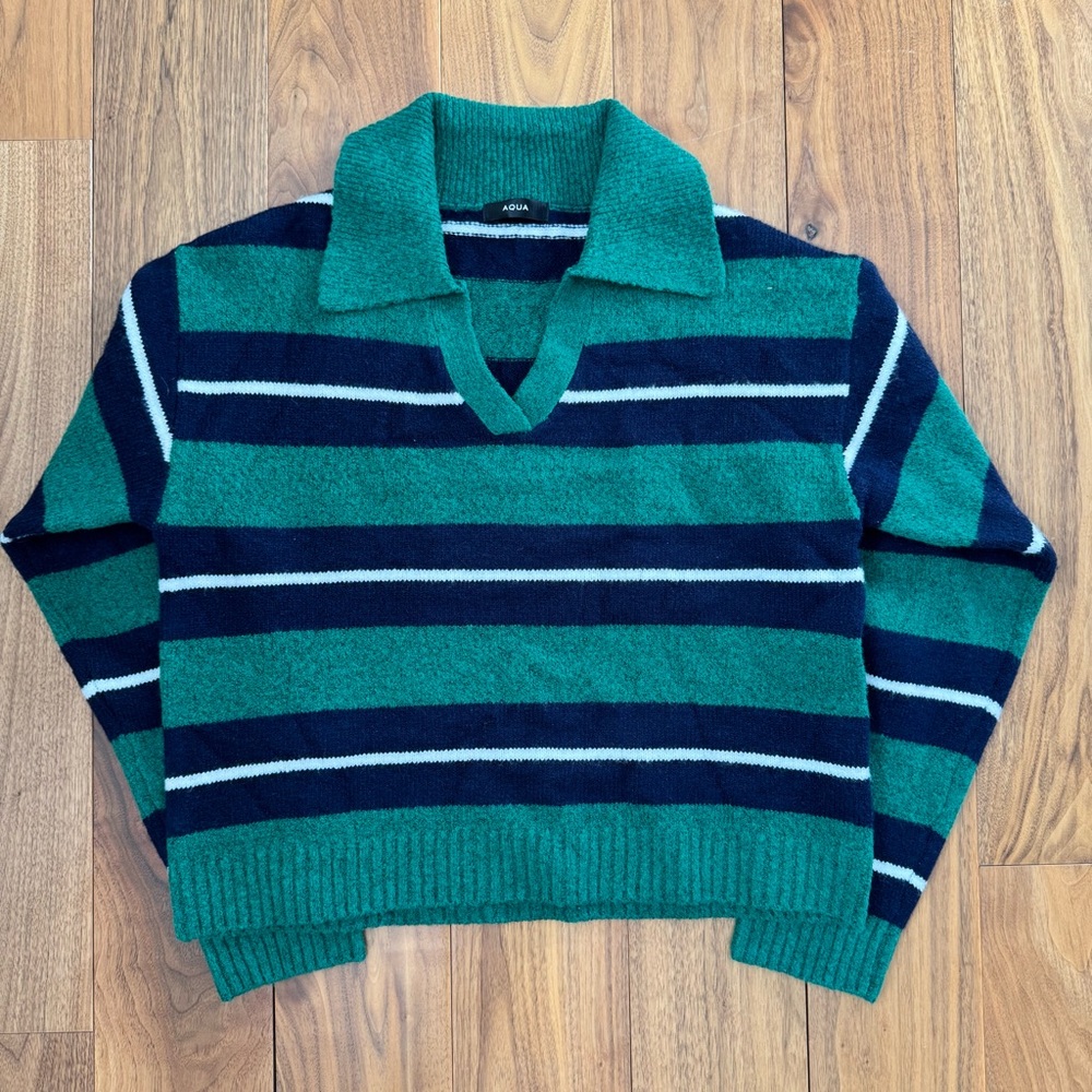 NWT Aqua Striped Polo Sweater - Exclusive In Green Multi size S - Picture 11 of 16